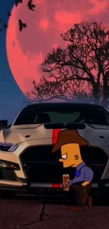 Animated character beside a sports car under a red moon.