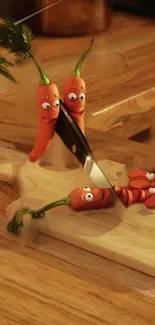 Animated carrots with eyes on a kitchen cutting board with a knife.