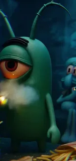 Green cyclops cartoon smoking a joint, with another character in the background.