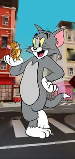 Animated cat and mouse in a colorful cityscape wallpaper.