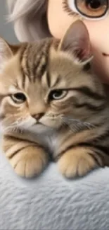 Cute animated cat nestled in owner's arms.