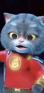 Animated cat in red superhero outfit on a blue-gray background.