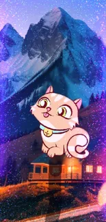 Whimsical animated cat with vibrant mountains at night.