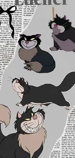 Animated cats on a newspaper-style background wallpaper.