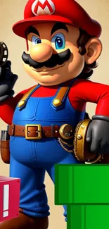 An iconic animated character holding a gadget, standing next to green pipes.