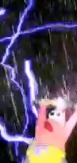 Animated character excited under lightning in dark background.