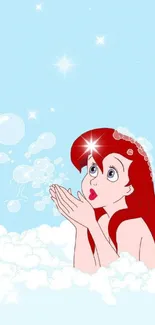 Animated character with red hair in bubbles on light blue background.