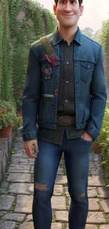 Animated character in a denim outfit walking along a lush garden path.