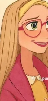 Cartoon character with pink glasses and blonde hair.