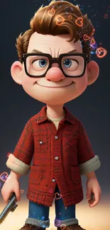 Animated character in red plaid with flashlight on dark background.