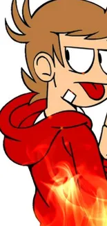 A cartoon character in a red hoodie with fire effect.