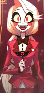 Animated character in a crimson red suit with a bowtie, smiling.