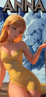 Animated character in yellow dress with snowy mountain background.