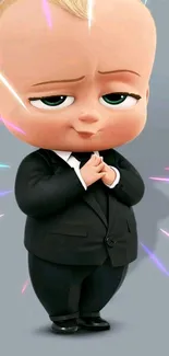 Stylish animated character in a black suit on gray background.