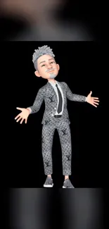 Animated character in a stylish, patterned suit on a black background.