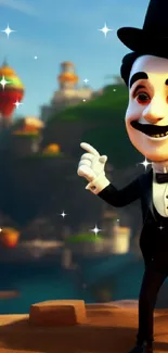 Animated character in tuxedo with colorful landscape background.