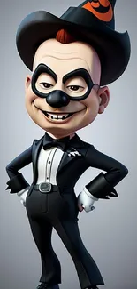 Animated character in tuxedo with hat.