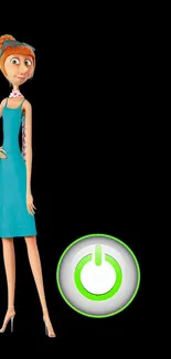 Cartoon character in teal dress with power button on black background.