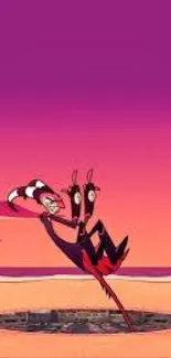 Animated character jumping over a hole against a purple sunset background.