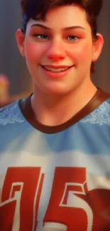 Smiling animated character in blue jersey with number 75.