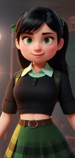 Animated girl in school uniform with green skirt and dark hair.