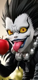 Animated character holding a red apple, vibrant and dark themed wallpaper.