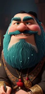 Animated character with teal beard, colorful design.