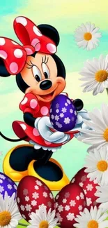 Animated character holding Easter egg with daisies in the background.