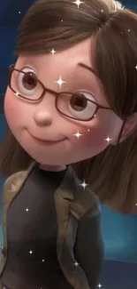 Cute animated character with glasses and brown hair in a cheerful pose.