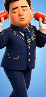 Animated character in blue suit holding soda cans
