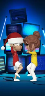 Animated characters dancing in front of neon screens.