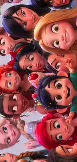 Animated characters group selfie with vibrant colors.