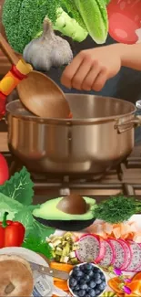 Animated chef in kitchen cooking delicious food.