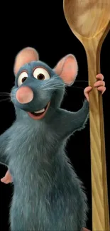 Animated rat character holding a wooden spoon on a black background.