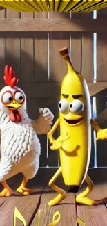 Cartoon chicken and banana dancing