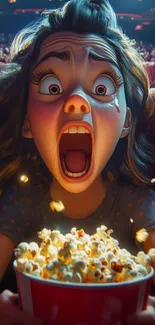 Cartoon character shocked with popcorn in a cinema.