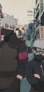 Anime characters in an urban street setting wallpaper.