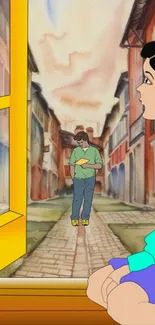 Cartoon window scene with characters in street.