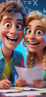 Animated happy students in colorful classroom setting.
