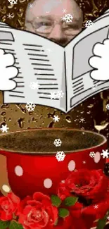 Animated cartoon with coffee cup and roses on a whimsical background.