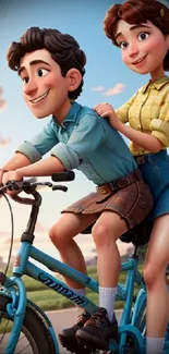 Animated couple joyfully riding a bicycle against a scenic background.