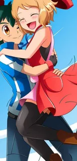 Animated couple embracing with vibrant blue sky background.