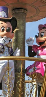 Animated characters in festive outfits on a parade float, vibrant and colorful.