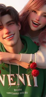 Joyful animated couple with roses in vibrant mobile wallpaper.