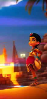 Animated character in vibrant desert scene at sunset with warm colors.