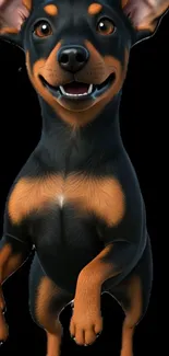 A joyful animated dog character with glossy black fur and a dynamic pose.