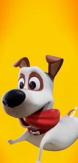 Playful animated dog with red toy on orange background.