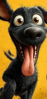 Animated black dog with large eyes on a vibrant yellow background.