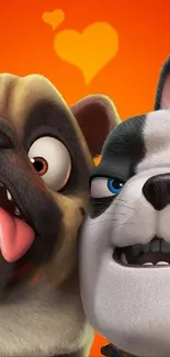 Animated dogs with heart pattern background.