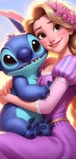 Animated characters hugging in a colorful, heartwarming scene.